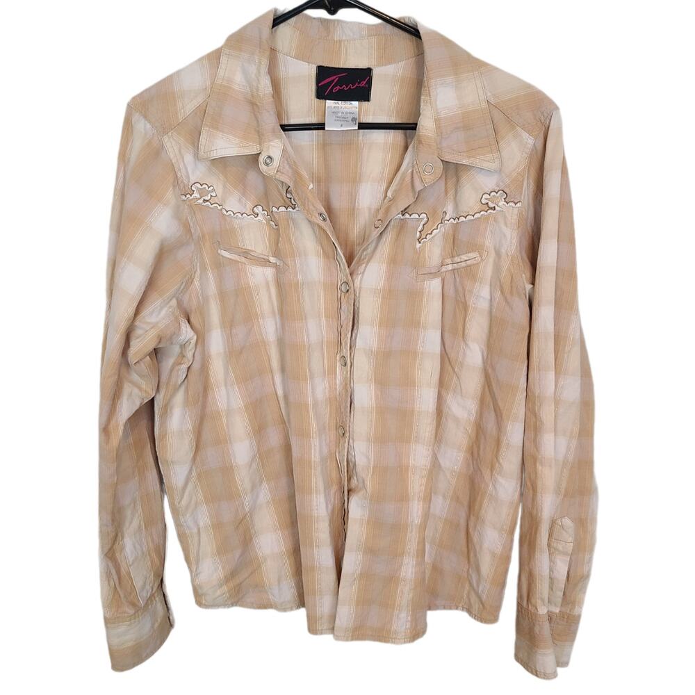 Torrid Top 2X Tan Plaid Western Shirt Pearl Snap Country Cowgirl Embroidered